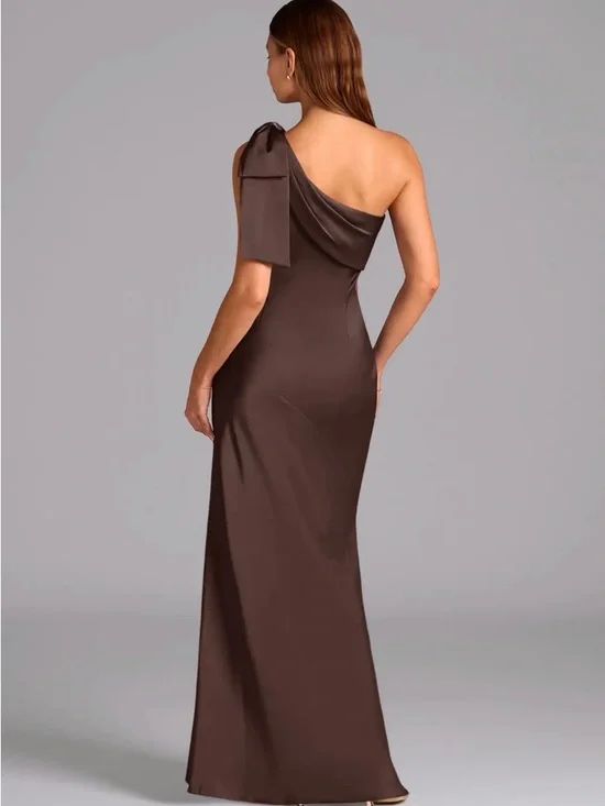 Azazie One-Shoulder Bow Satin Dress in dark brown - Picture 2 of 2